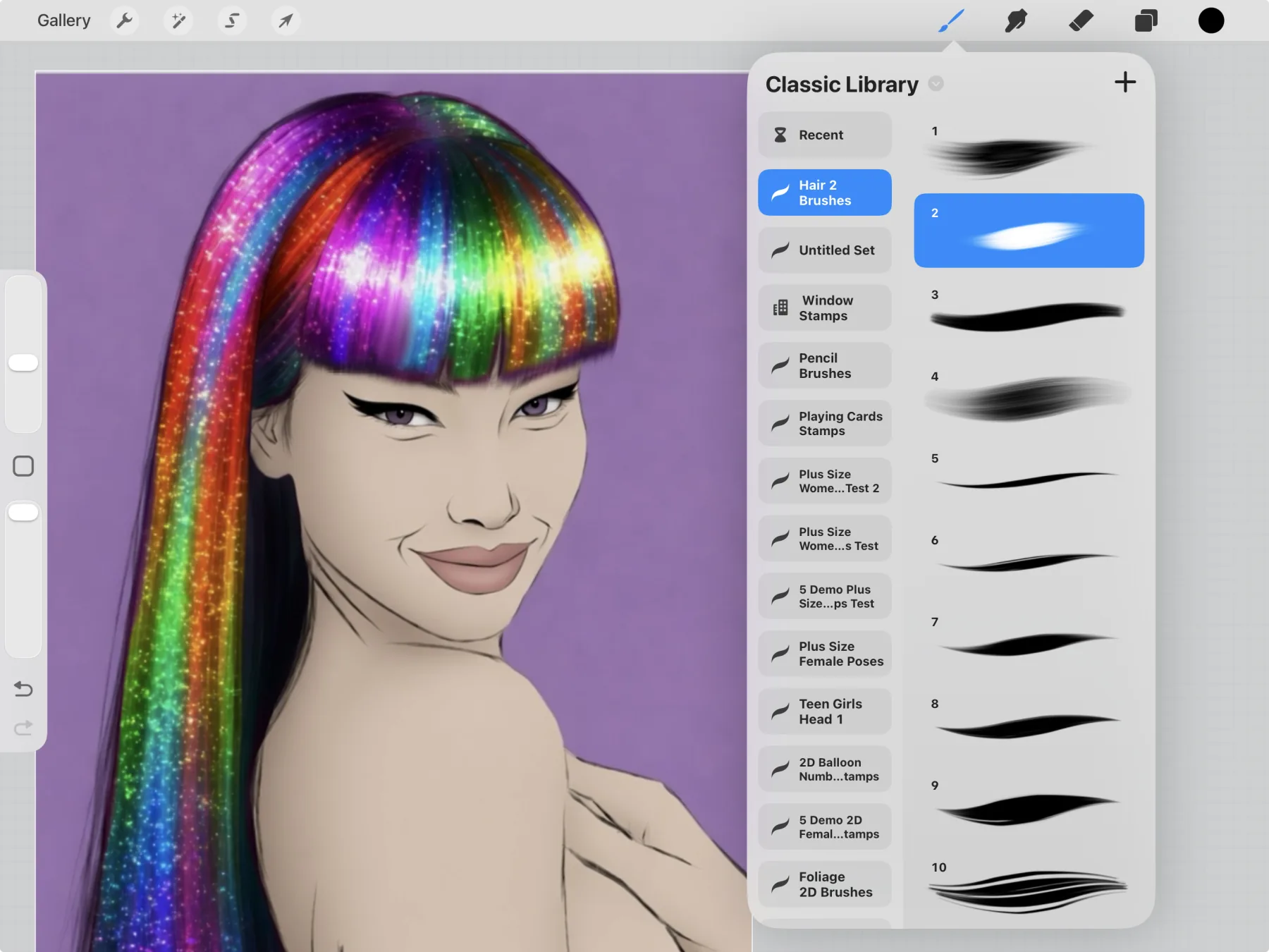 Hair 2 Brushes open in Procreate beside an illustration with colorful painted hair